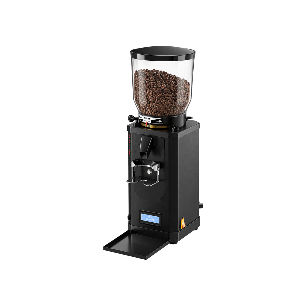 Anfim SP II Plus – 75 mm Titanium Burrs – Espresso Coffee Grinder — Black; consistent elevated view, square transparent image