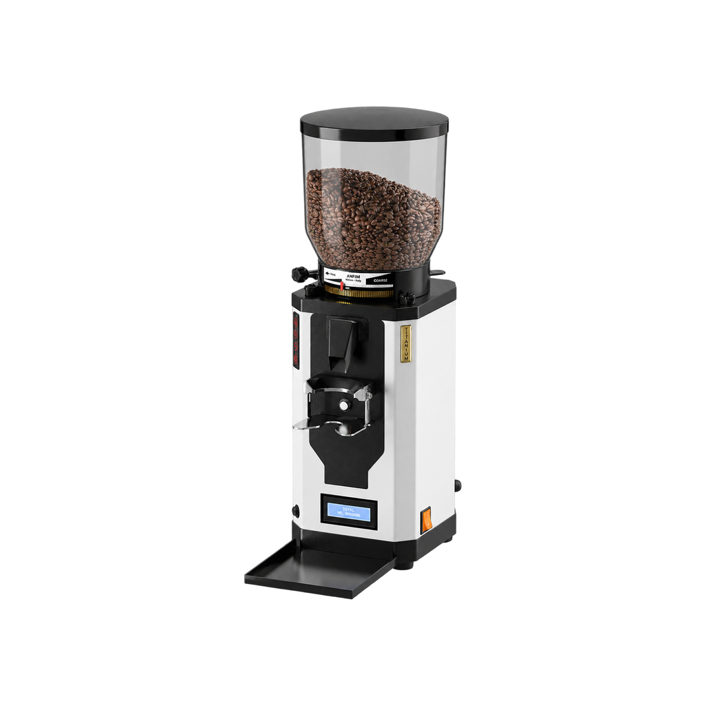Anfim SP II Plus – 75 mm Titanium Burrs – Espresso Coffee Grinder — White; consistent elevated view, square transparent image
