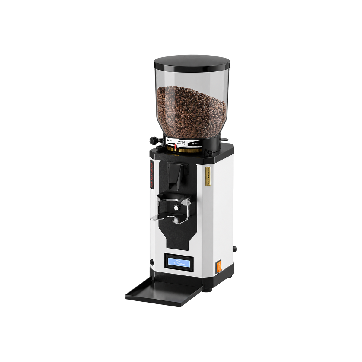 Anfim SP II Plus – 75 mm Titanium Burrs – Espresso Coffee Grinder — White; consistent elevated view, square transparent image