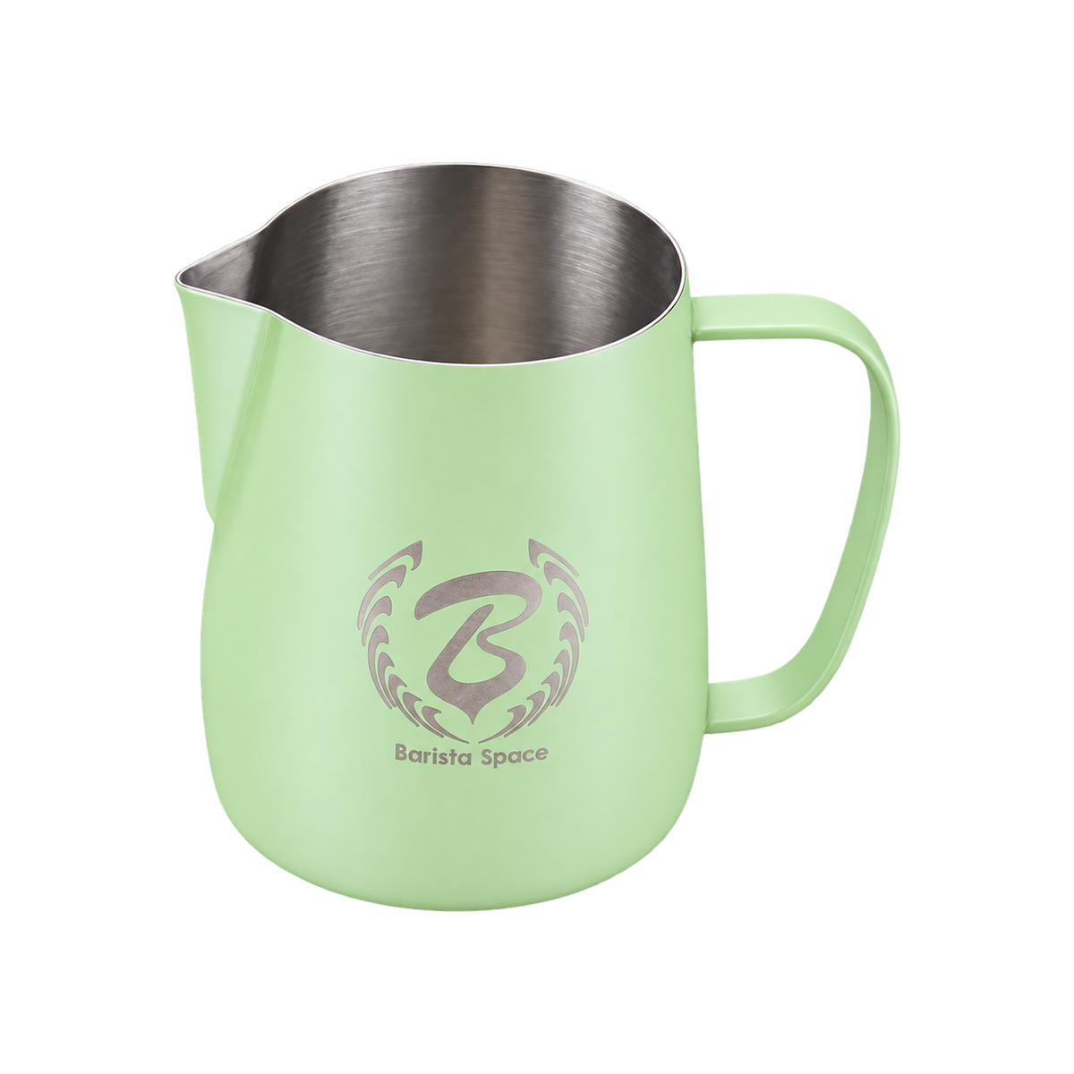 Barista Space Pitcher 450ml — Teflon Green; consistent elevated view, square transparent image