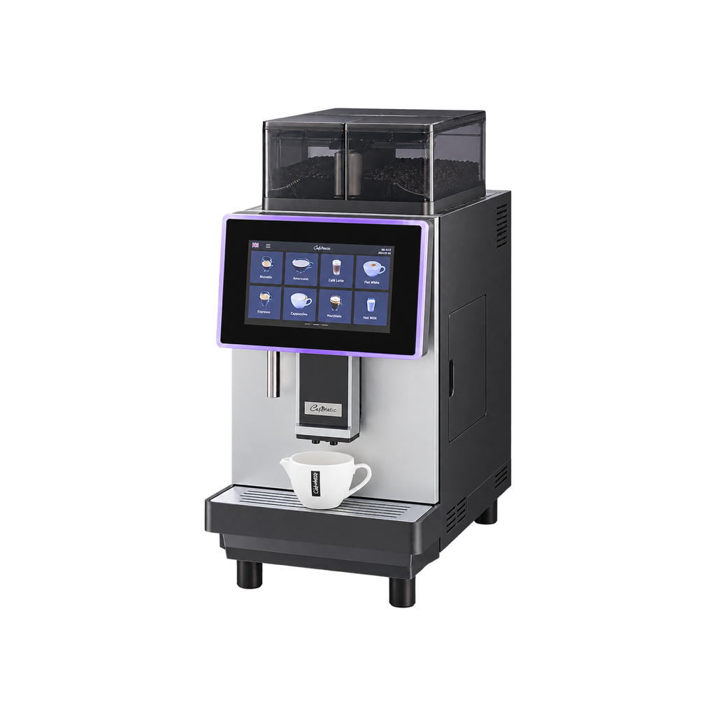 CafeMatic 8 - Office Automatic Coffee Machine — Without Milk Cooler, With Milk Cooler; consistent elevated view, square transparent image