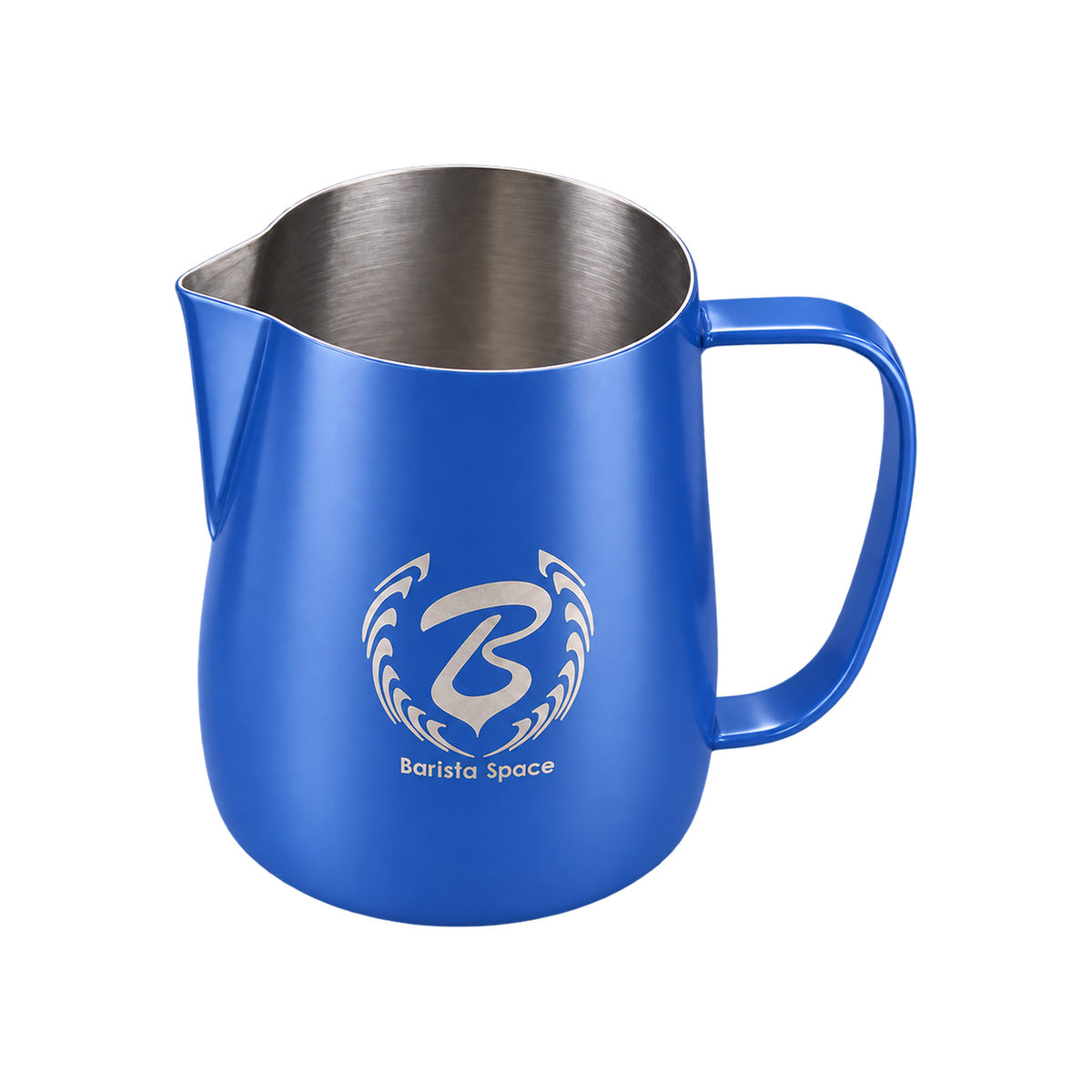 Barista Space Pitcher 450ml — Teflon Blue; consistent elevated view, square transparent image