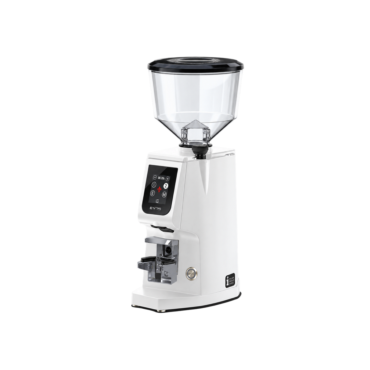 Eureka Atom Excellence 75 Coffee Grinder with Black Diamond Burrs — White; consistent elevated view, square transparent image