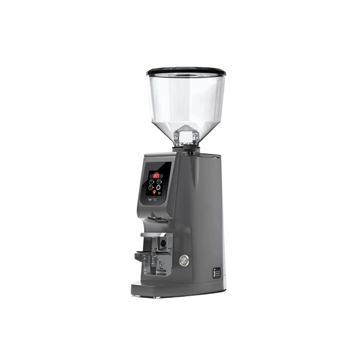 Eureka Atom W75 Coffee Grinder with Scale — Black; consistent elevated view, square transparent image