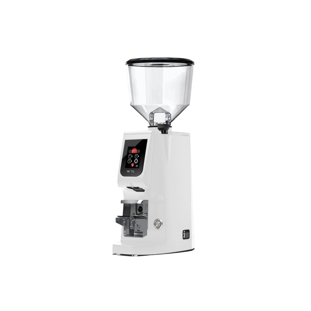 Eureka Atom W75 Coffee Grinder with Scale — White; consistent elevated view, square transparent image
