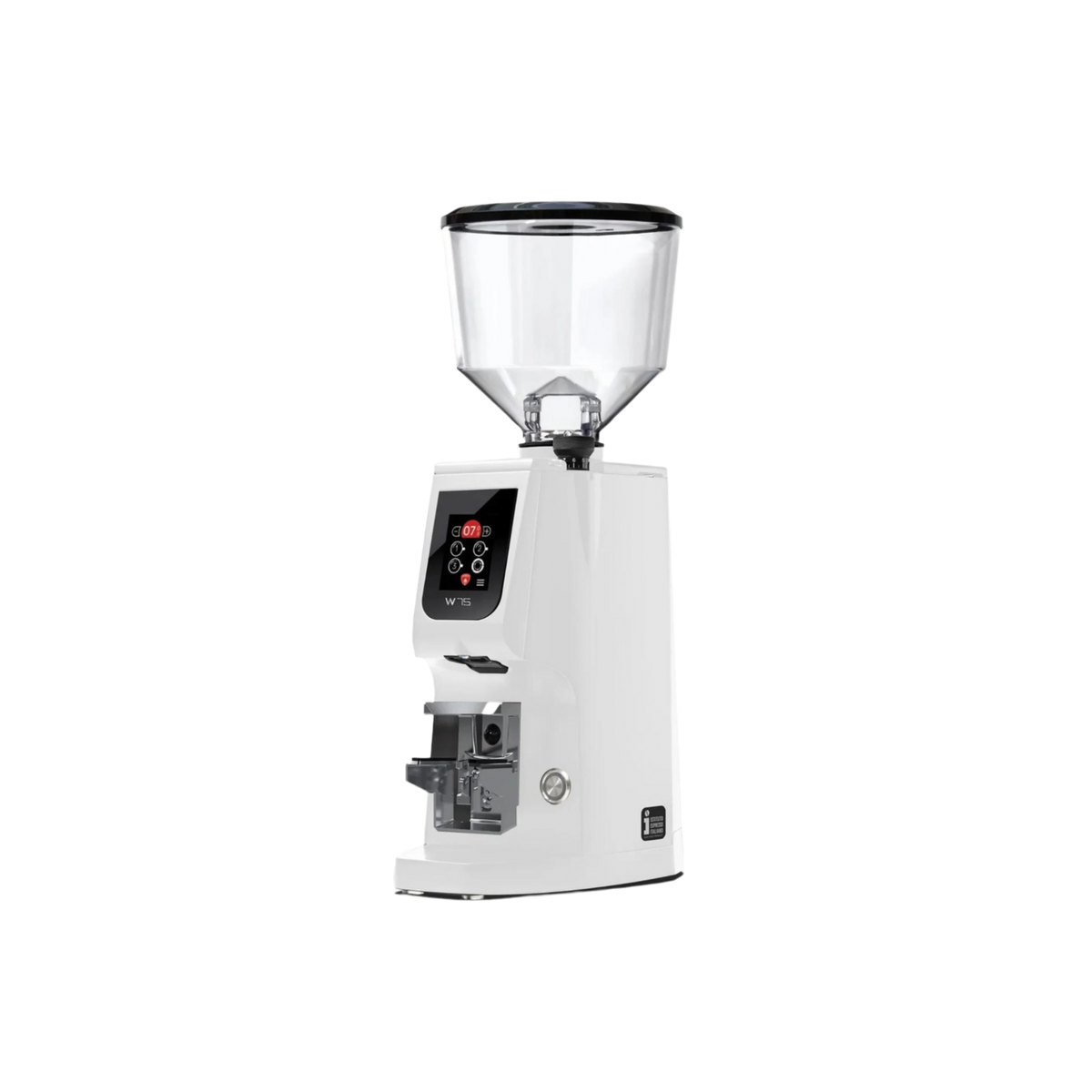 Eureka Atom W75 Coffee Grinder with Scale — White; consistent elevated view, square transparent image