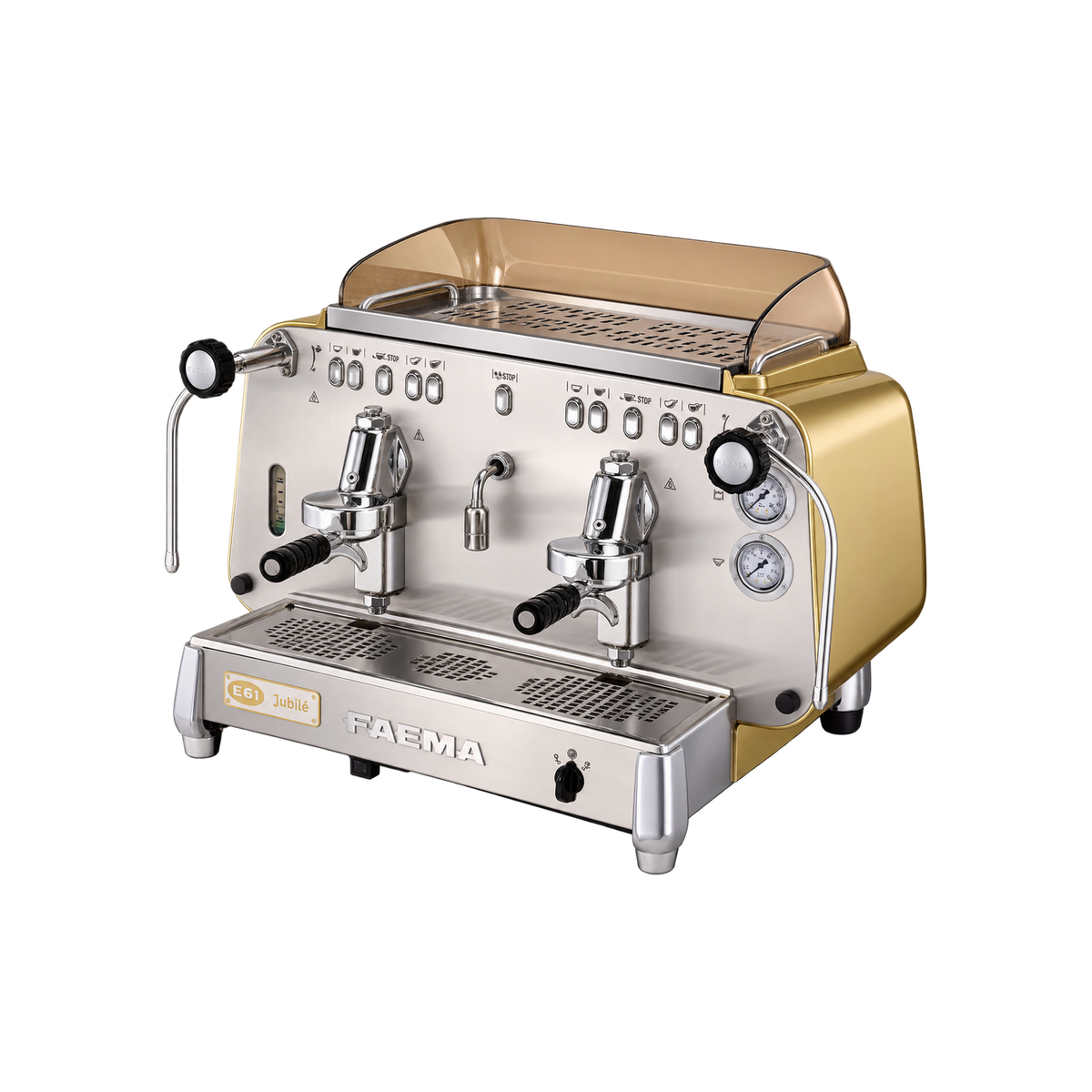 FAEMA E61 Jubile Espresso Machine — 2 Group; consistent elevated view, square transparent image