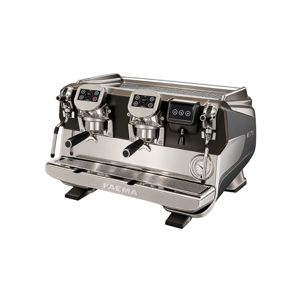 FAEMA E71 Touch Espresso Machine — 2 Group; consistent elevated view, square transparent image
