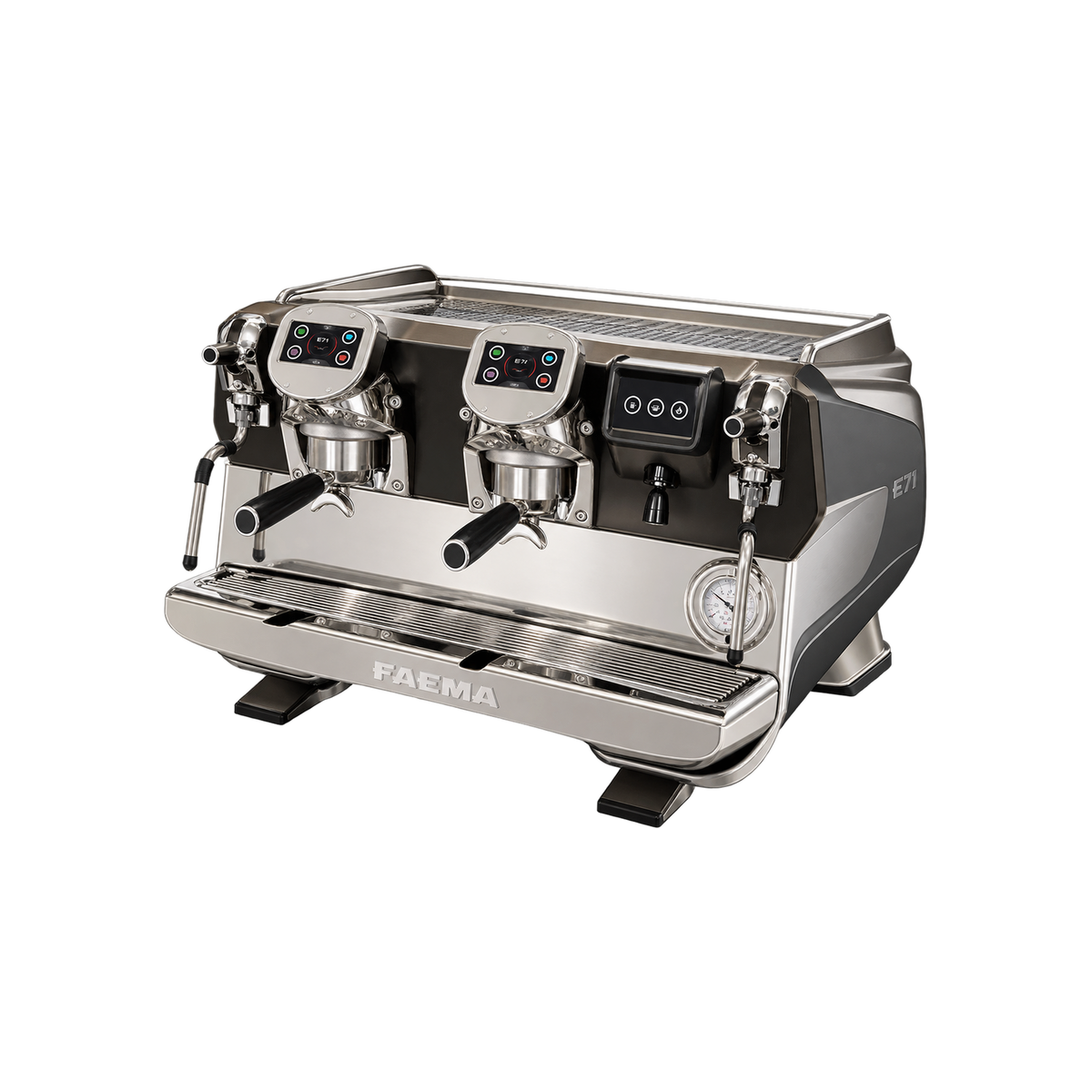 FAEMA E71 Touch Espresso Machine — 2 Group; consistent elevated view, square transparent image