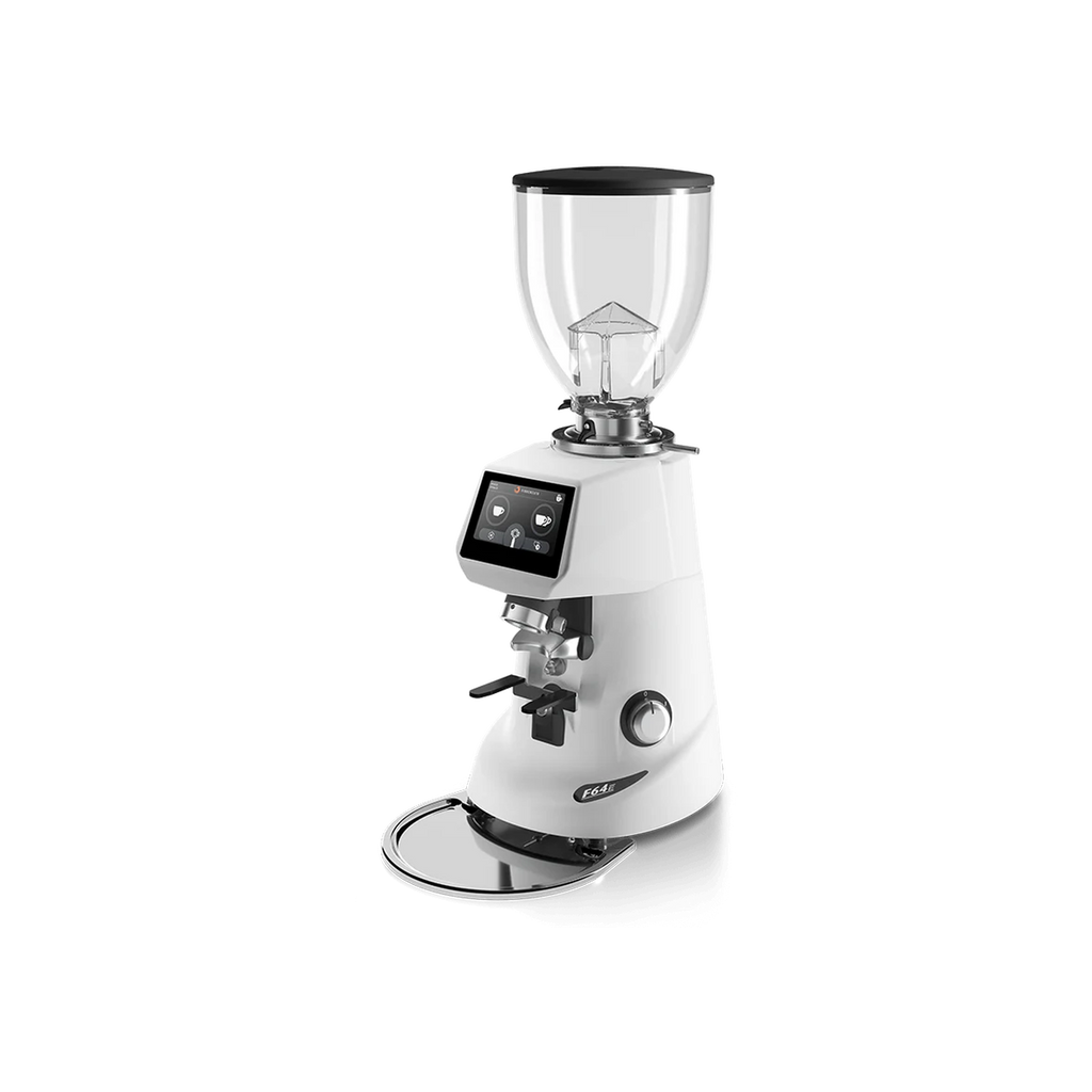 Fiorenzato Grinder F64 E Coffee Grinder — White; consistent elevated view, square transparent image