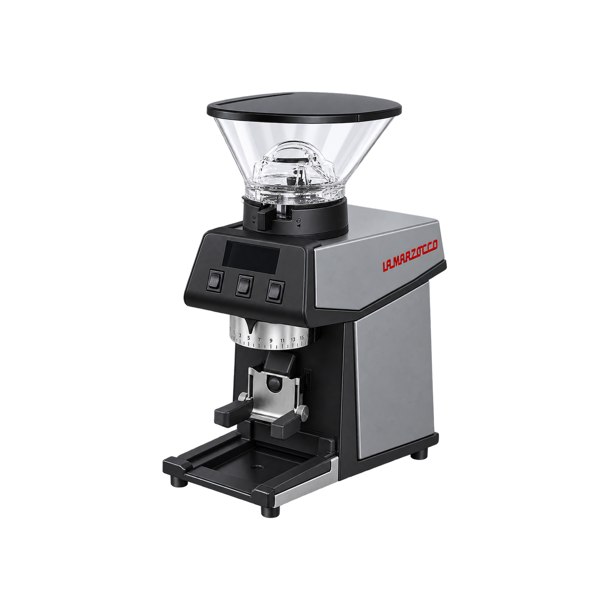 La Marzocco Pico Grinder — Satin Grey; consistent elevated angle, square transparent image
