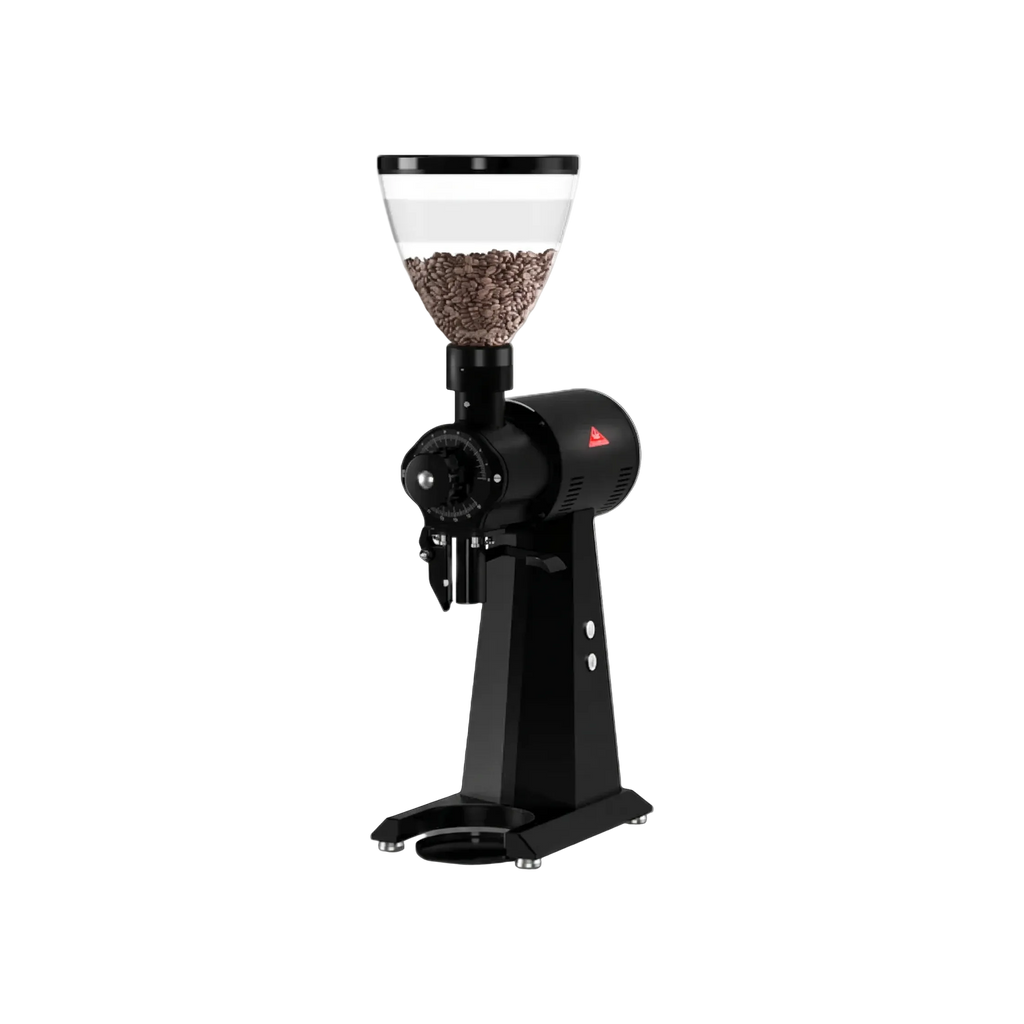 Mahlkonig EK43 Coffee Grinder — Black; consistent elevated view, square transparent image