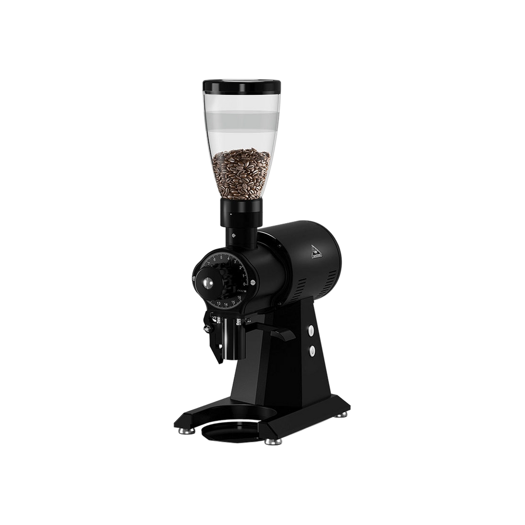 Mahlkonig EK43ST Coffee Grinder — Black; consistent elevated view, square transparent image