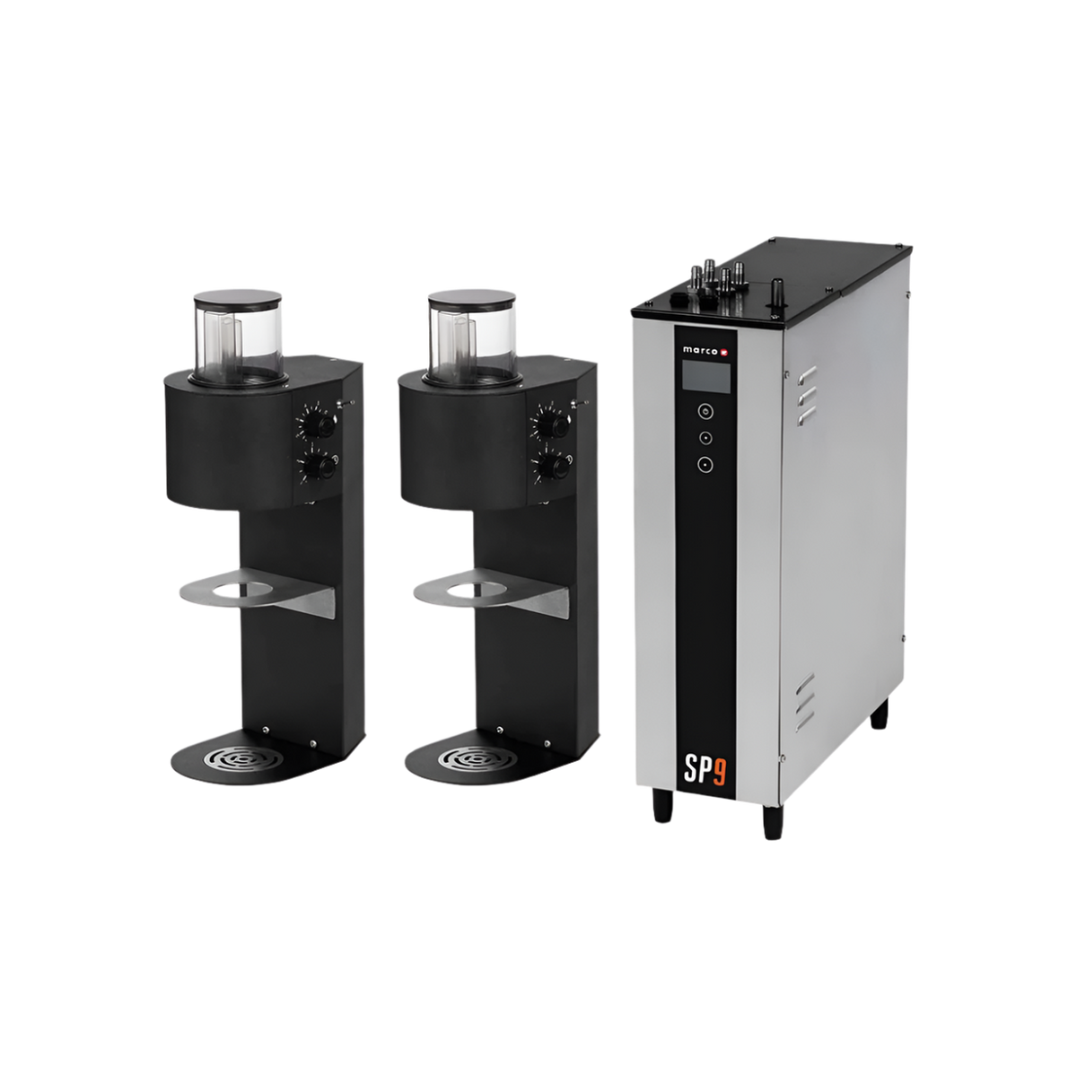 Marco SP9 Twin Set Coffee Brewers — Black; consistent elevated view, square transparent image