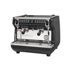 Nuova Simonelli Appia Life Compact 2 Group Volumetric — Black / 8 liter boiler; consistent elevated view, square transparent image