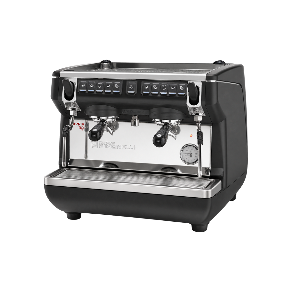 Nuova Simonelli Appia Life Compact 2 Group Volumetric — Black / 8 liter boiler; consistent elevated view, square transparent image