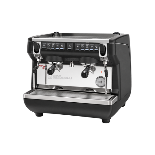 Nuova Simonelli Appia Life Compact 2 Group Volumetric — Black / 8 liter boiler; consistent elevated view, square transparent image