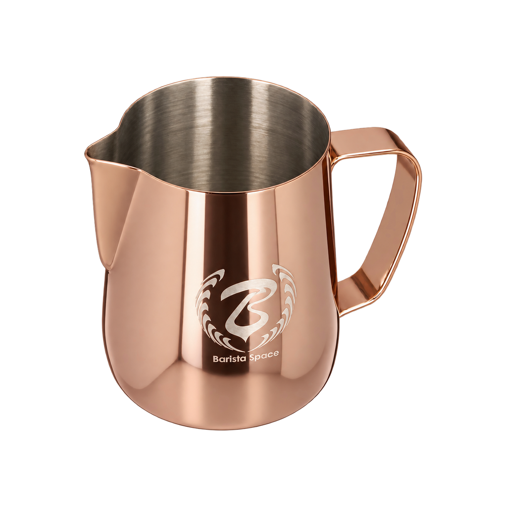Barista Space Pitcher 600ml — Rose Golden; consistent elevated view, square transparent image