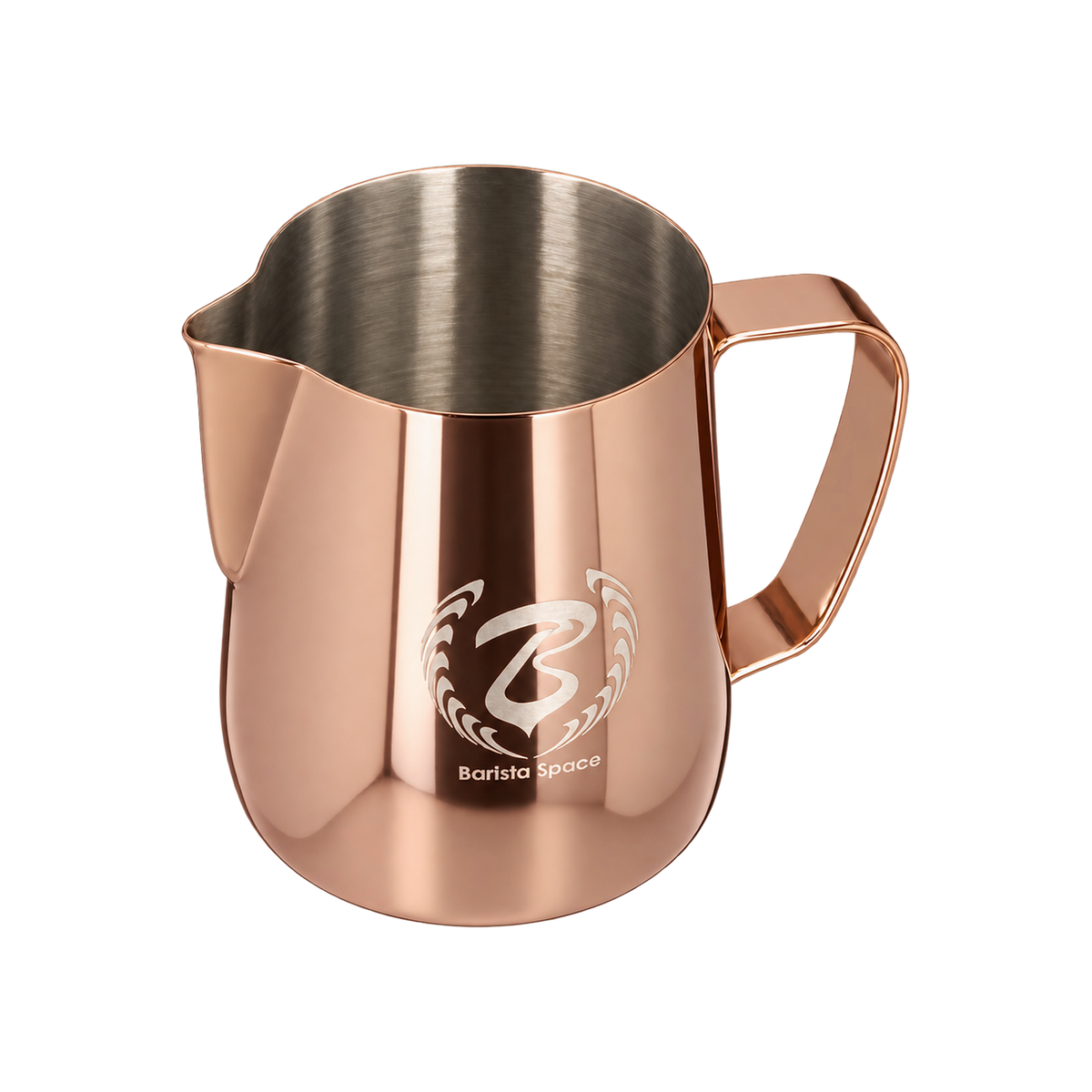 Barista Space Pitcher 600ml — Rose Golden; consistent elevated view, square transparent image