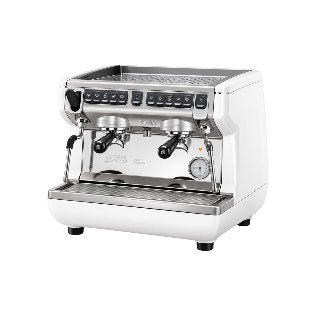 Nuova Simonelli Appia Life Compact 2 Group Volumetric — White / 8 liter boiler; consistent elevated view, square transparent image