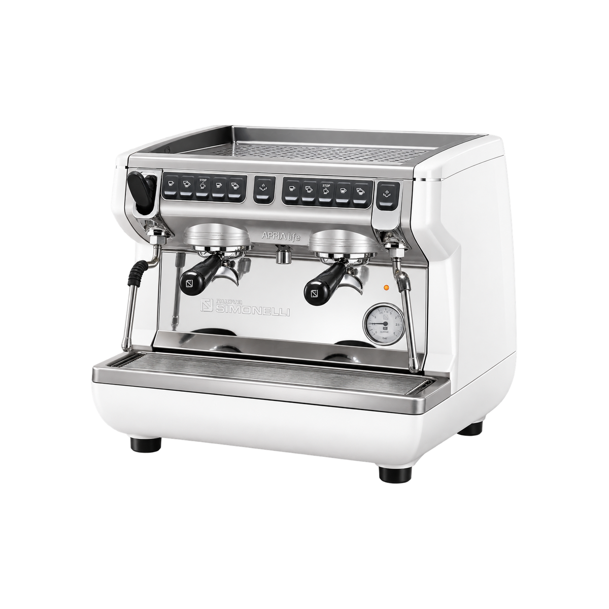 Nuova Simonelli Appia Life Compact 2 Group Volumetric — White / 8 liter boiler; consistent elevated view, square transparent image