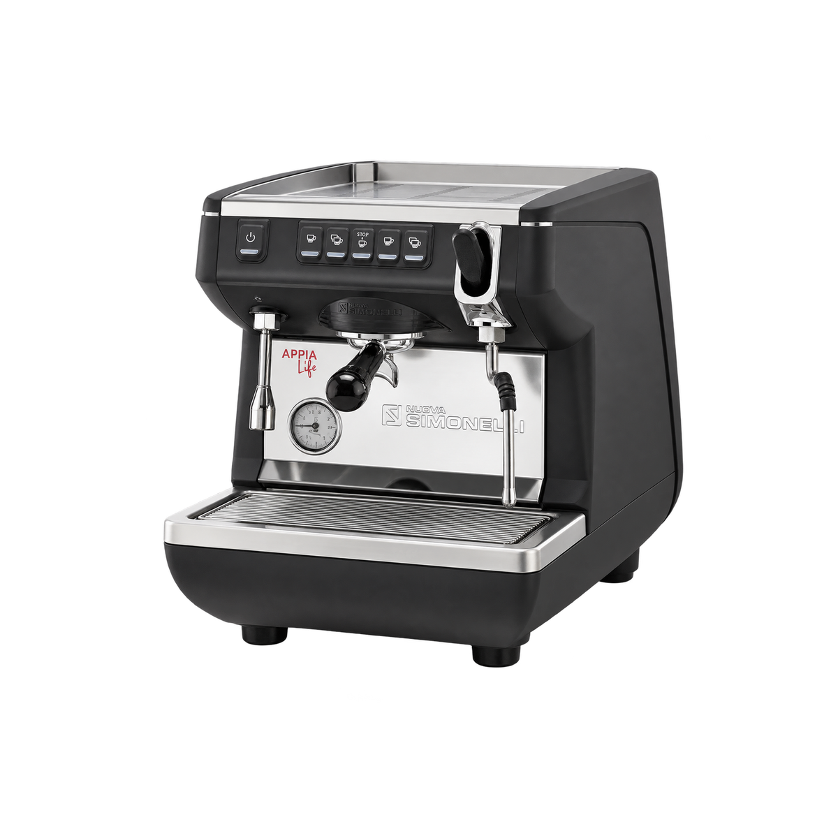 Nuova Simonelli Appia Life Single Group Volumetric — Black / 8 liter boiler; consistent elevated view, square transparent image