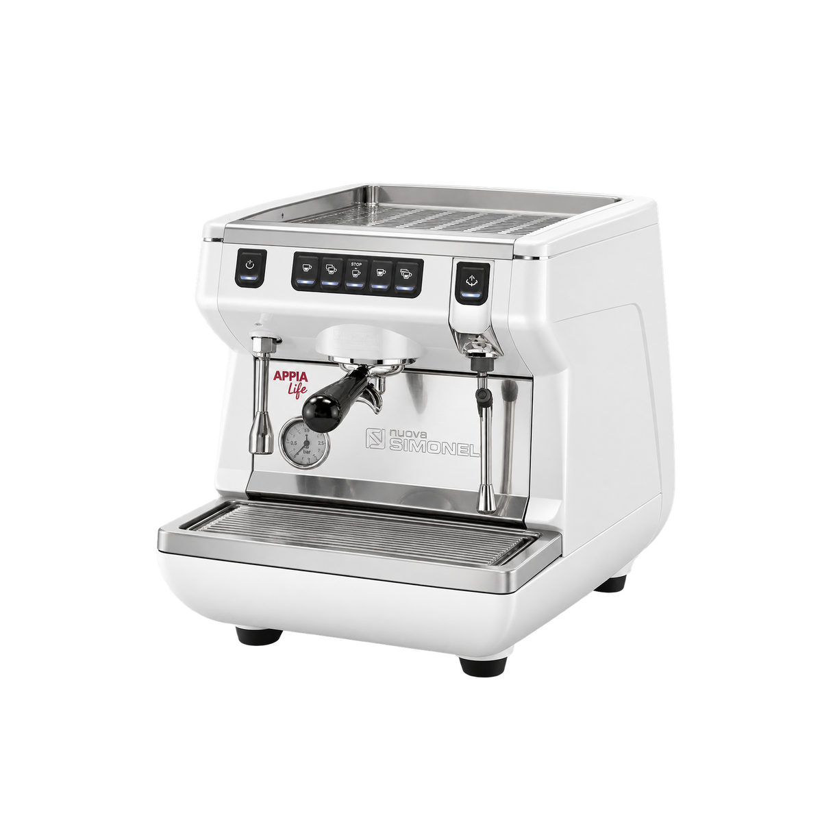 Nuova Simonelli Appia Life Single Group Volumetric — White / 8 liter boiler; consistent elevated view, square transparent image