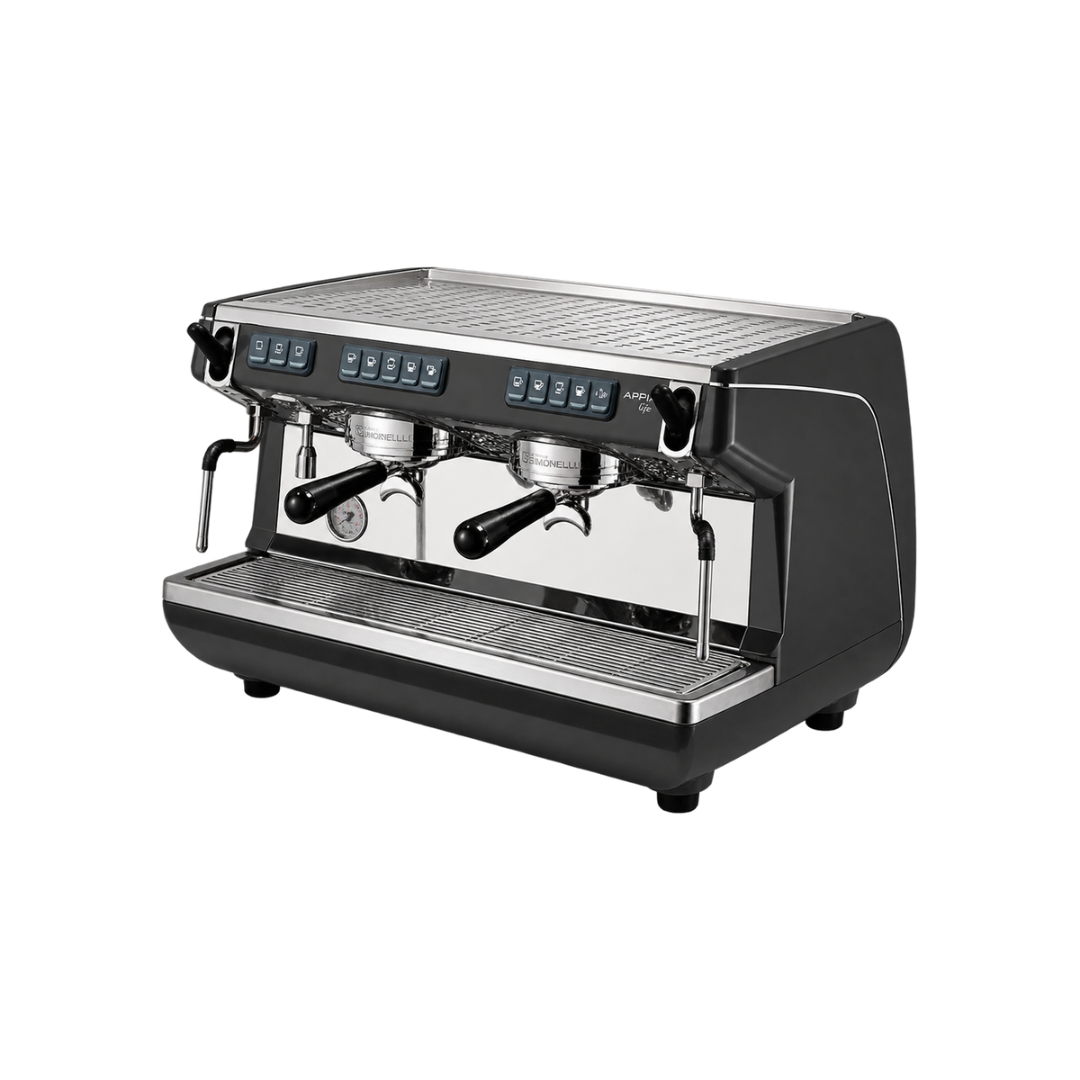 Nuova Simonelli Appia Life Volumetric Coffee Machine — 2 Group / Black; consistent elevated view, square transparent image