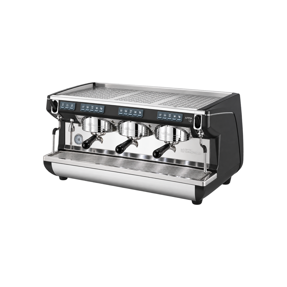 Nuova Simonelli Appia Life Volumetric Coffee Machine — 3 Group / Black; consistent elevated view, square transparent image