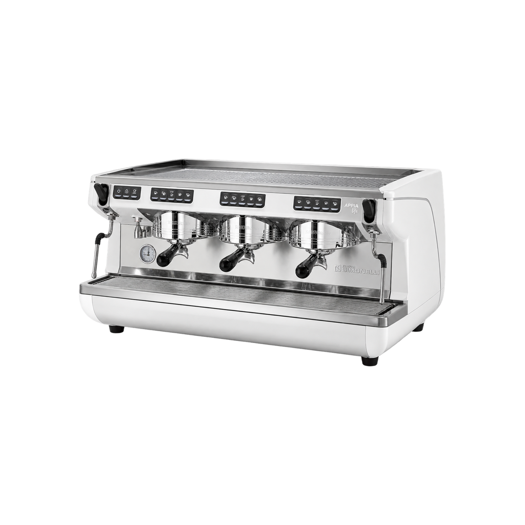 Nuova Simonelli Appia Life Volumetric Coffee Machine — 3 Group / White; consistent elevated view, square transparent image
