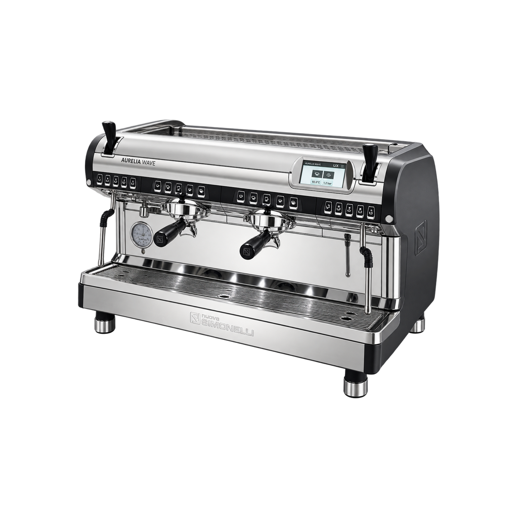 Nuova Simonelli Aurelia Wave UX 2 Group Volumetric Espresso Machine — Titan Grey; consistent elevated view, square transparent image
