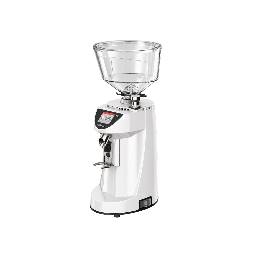 Nuova Simonelli MDJ Espresso Grinder — White; consistent elevated view, square transparent image