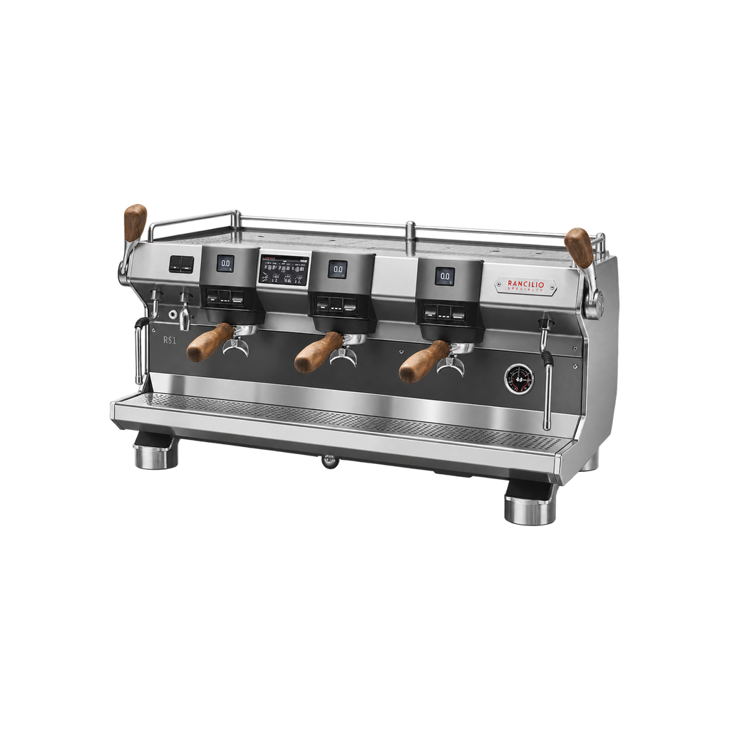 Rancilio Specialty RS1 — 3 Group / Steel / With; consistent elevated view, square transparent image