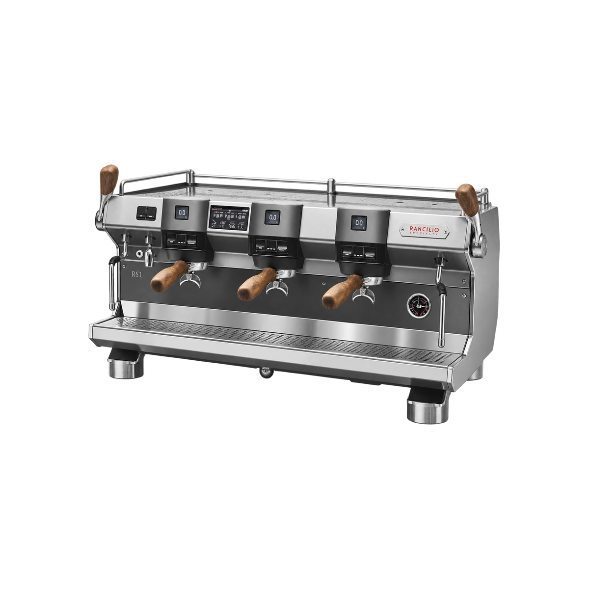 Rancilio Specialty RS1 — 3 Group / Steel / With; consistent elevated view, square transparent image