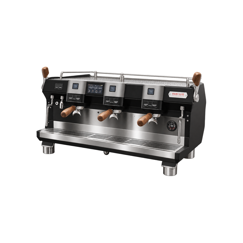 Rancilio Specialty RS1 — 3 Group / Black / With; consistent elevated view, square transparent image