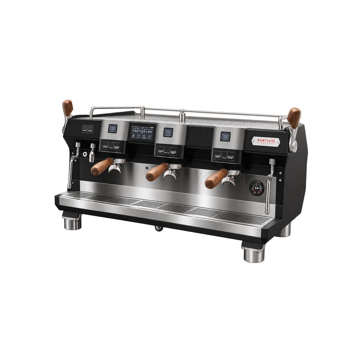 Rancilio Specialty RS1 — 3 Group / Black / With; consistent elevated view, square transparent image