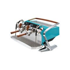 Slayer Steam LP Espresso Machine — Turquoise Blue / 2 Group; consistent elevated view, square transparent image