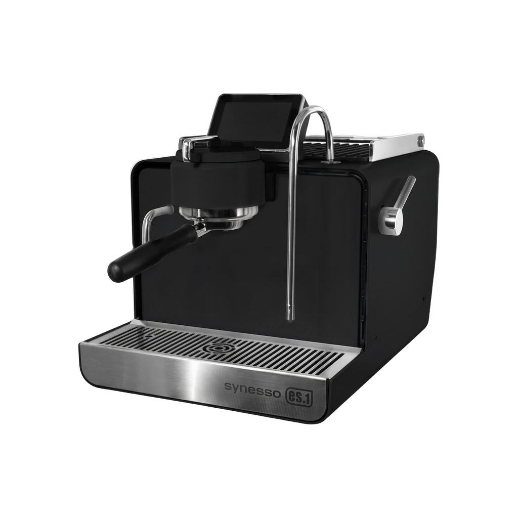 SYNESSO ES1 COMPACT SINGLE HEAD COFFEE MACHINE — Black; consistent elevated view, square transparent image