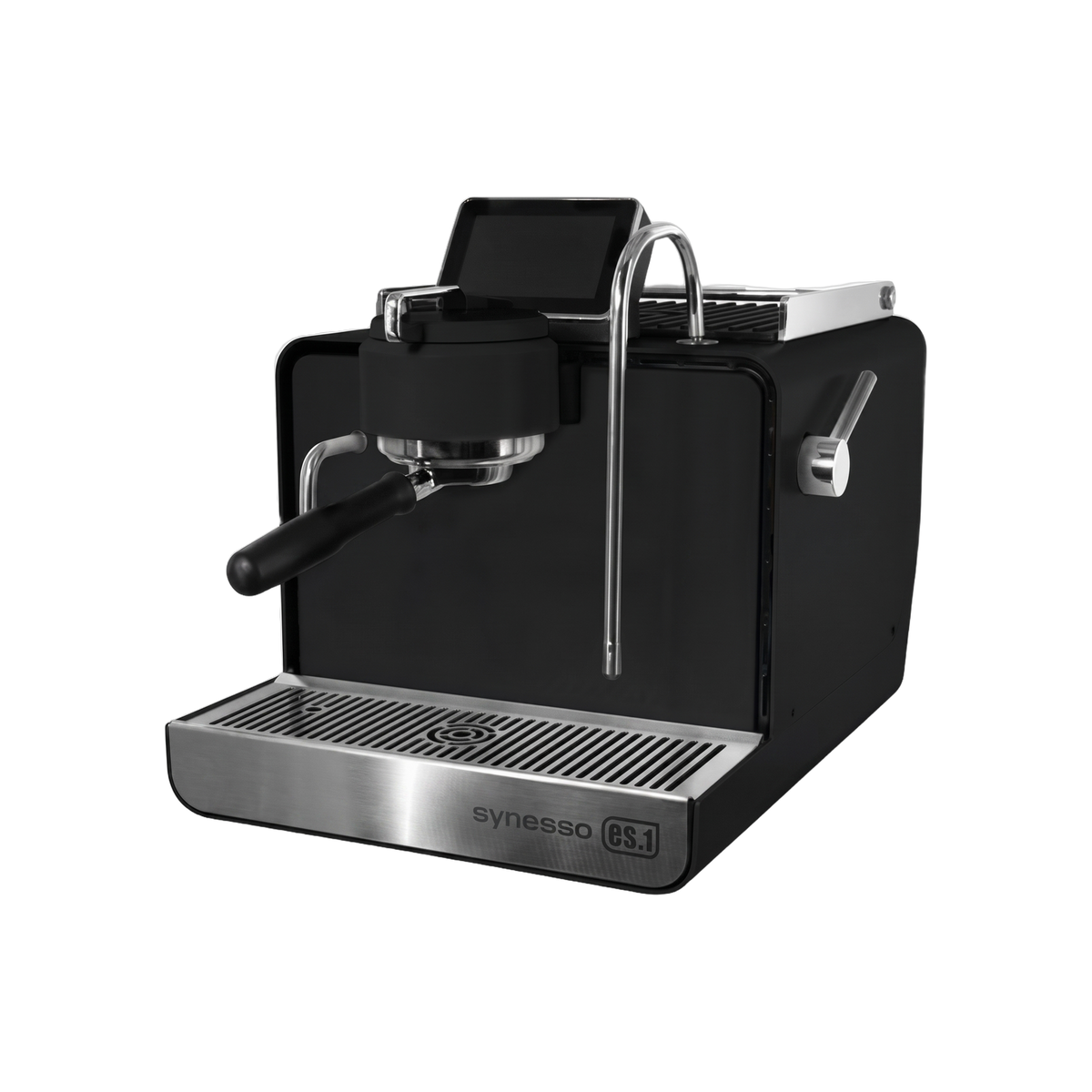 SYNESSO ES1 COMPACT SINGLE HEAD COFFEE MACHINE — Black; consistent elevated view, square transparent image