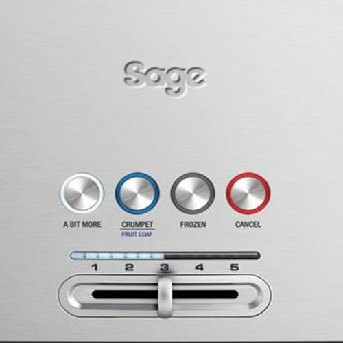 The A Bit More, Crumpet/Fruit Loaf, Frozen and Cancel buttons with the 1 to 5 browning slide on Sage the A Bit More Toaster, official detail