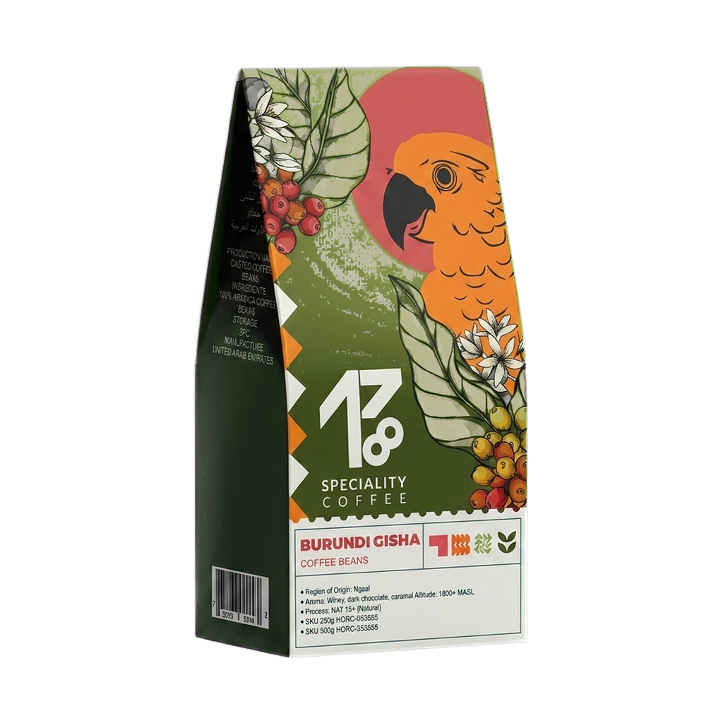 Burundi Geisha Coffee Beans — upright transparent coffee hero