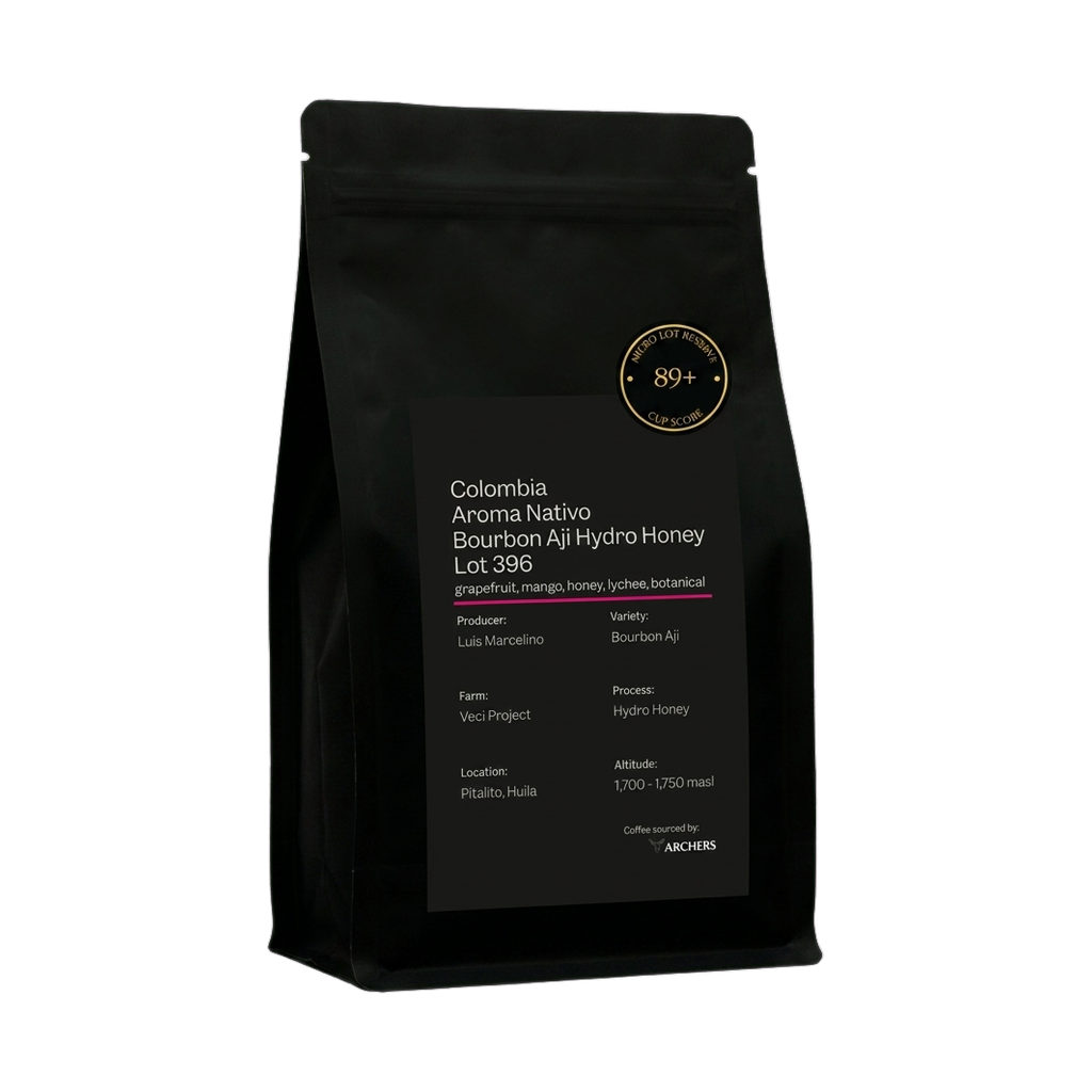 Colombia - Aroma Nativo Bourbon Aji Hydro Honey Lot 396 — upright transparent coffee hero