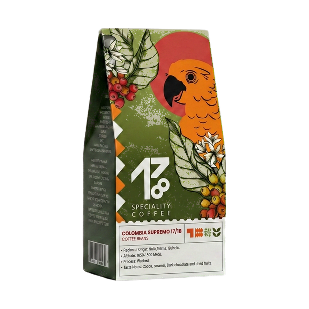 Colombia Supremo 17/18 — upright transparent coffee hero