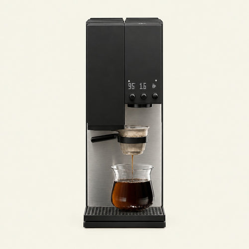 xBloom Studio Enterprise in Midnight Black, front view with brushed stainless lower body