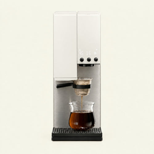 xBloom Studio Enterprise in Moonlight White, front view with brushed stainless lower body