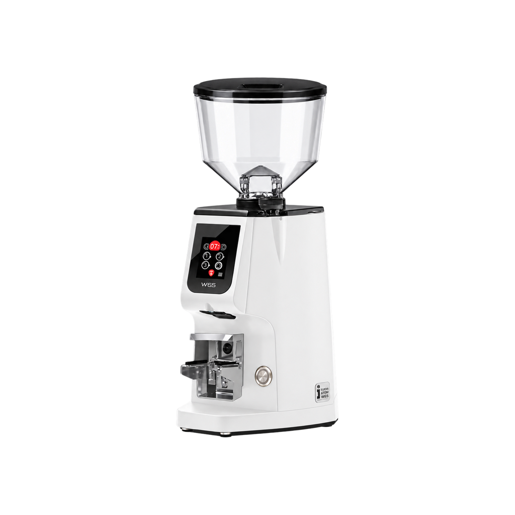Eureka Atom W65 Coffee Grinder with Scale — White matched product view, transparent background