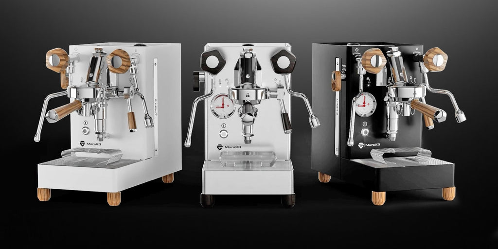 Lelit MaraX3 in all three finishes: Brushed Stainless Steel, Black and White