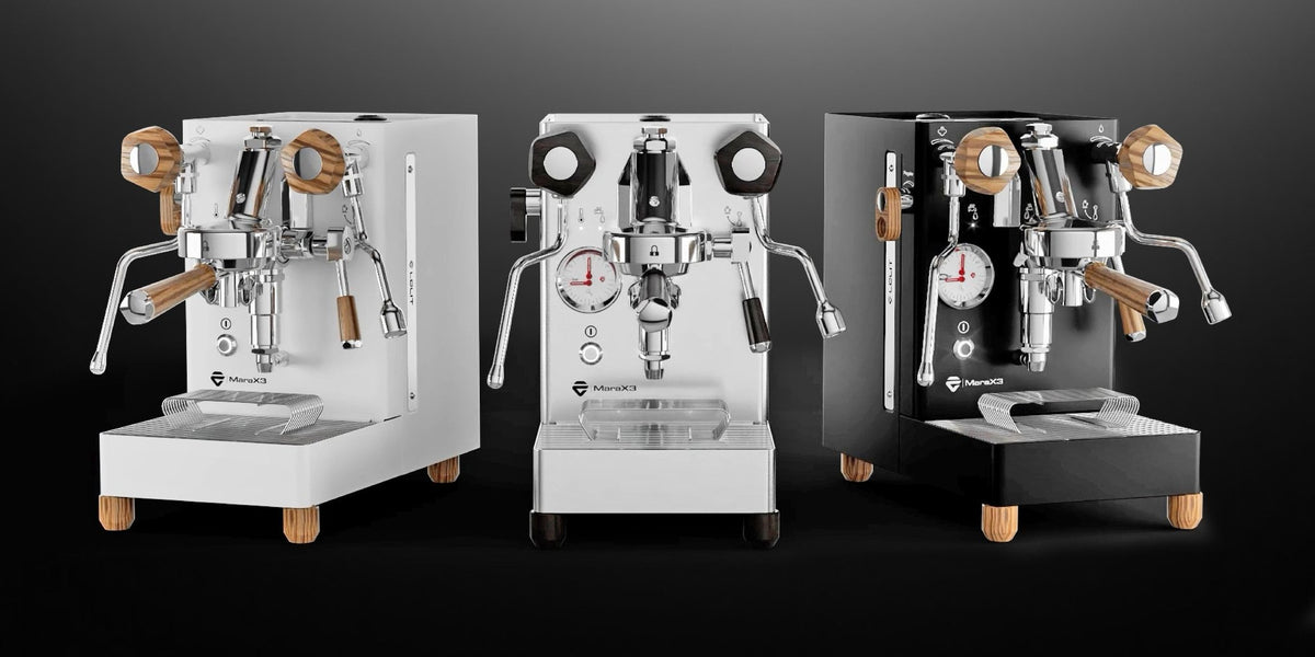 Lelit MaraX3 in all three finishes: Brushed Stainless Steel, Black and White