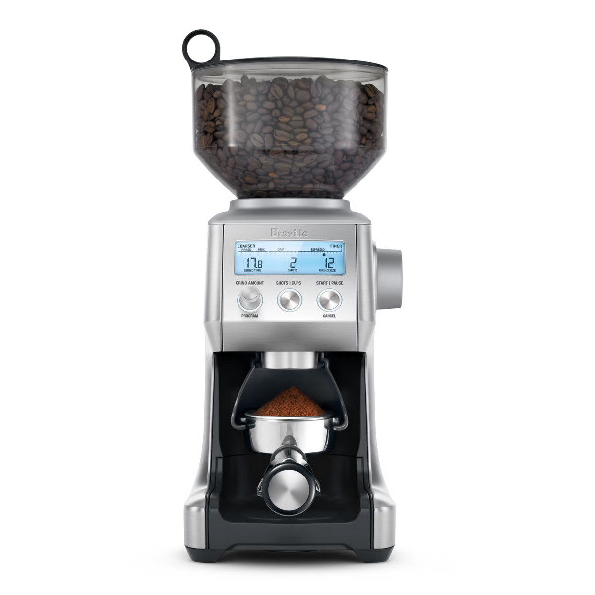 Sage the Smart Grinder Pro in brushed stainless steel grinding into a portafilter, official Sage photography
