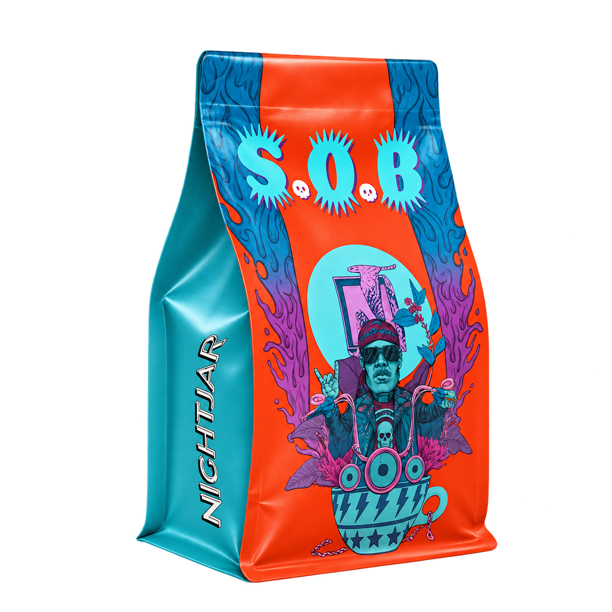 Nightjar S.O.B Seasonal Blend coffee bag, upright three-quarter studio view on transparent background